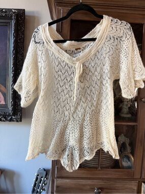 Free People Cream Lace Knit Tie-Front Sweater